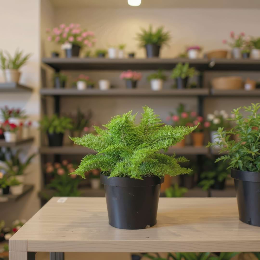 A fluffy Marisa Fern in a pot on a wooden table