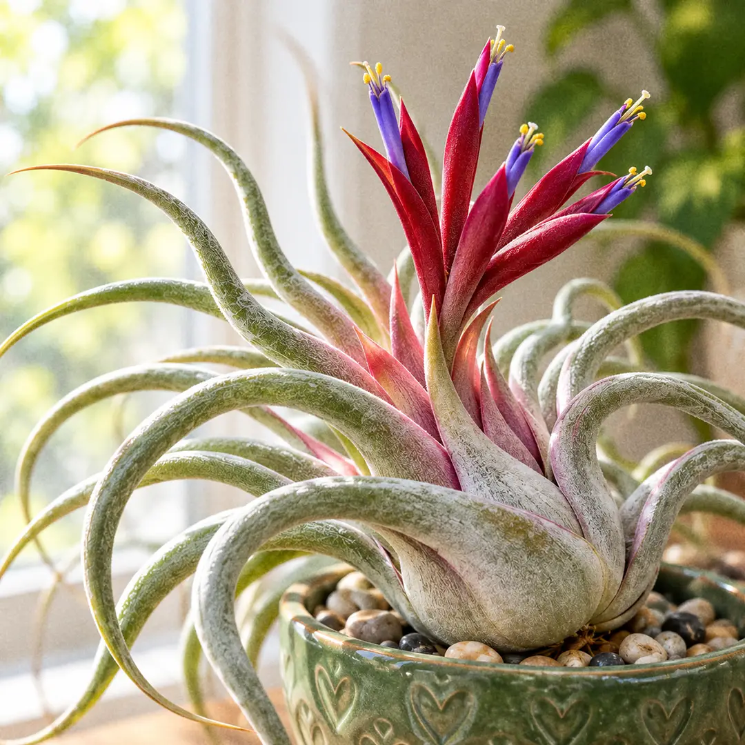 A macro close-up of a blooming Medusa's Head Air Plant with a fan of flat red flower spikes rising from the centre and violet-blue tubular flowers emerging from the bracts, against blurred silvery twisting foliage