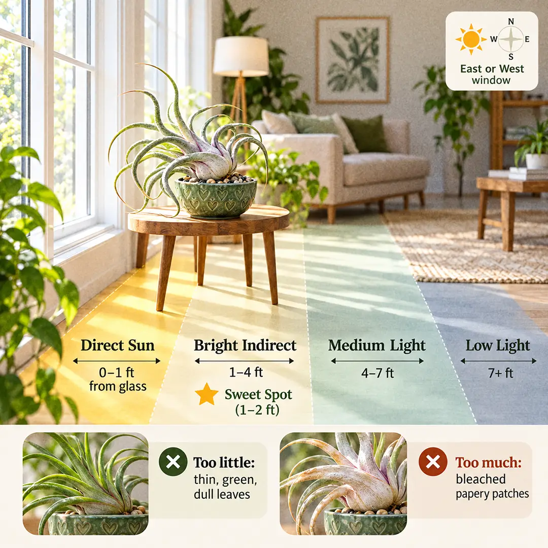 A labeled light guide diagram showing where to place a Medusa's Head Air Plant indoors relative to an east or west window, with direct sun, bright indirect, medium and low light zones marked and the sweet spot 1-2 feet from the glass marked with a star