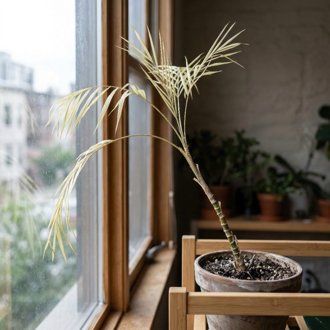 A Metallic Palm with stretched stems and sparse, pale fronds showing leggy growth from low light.