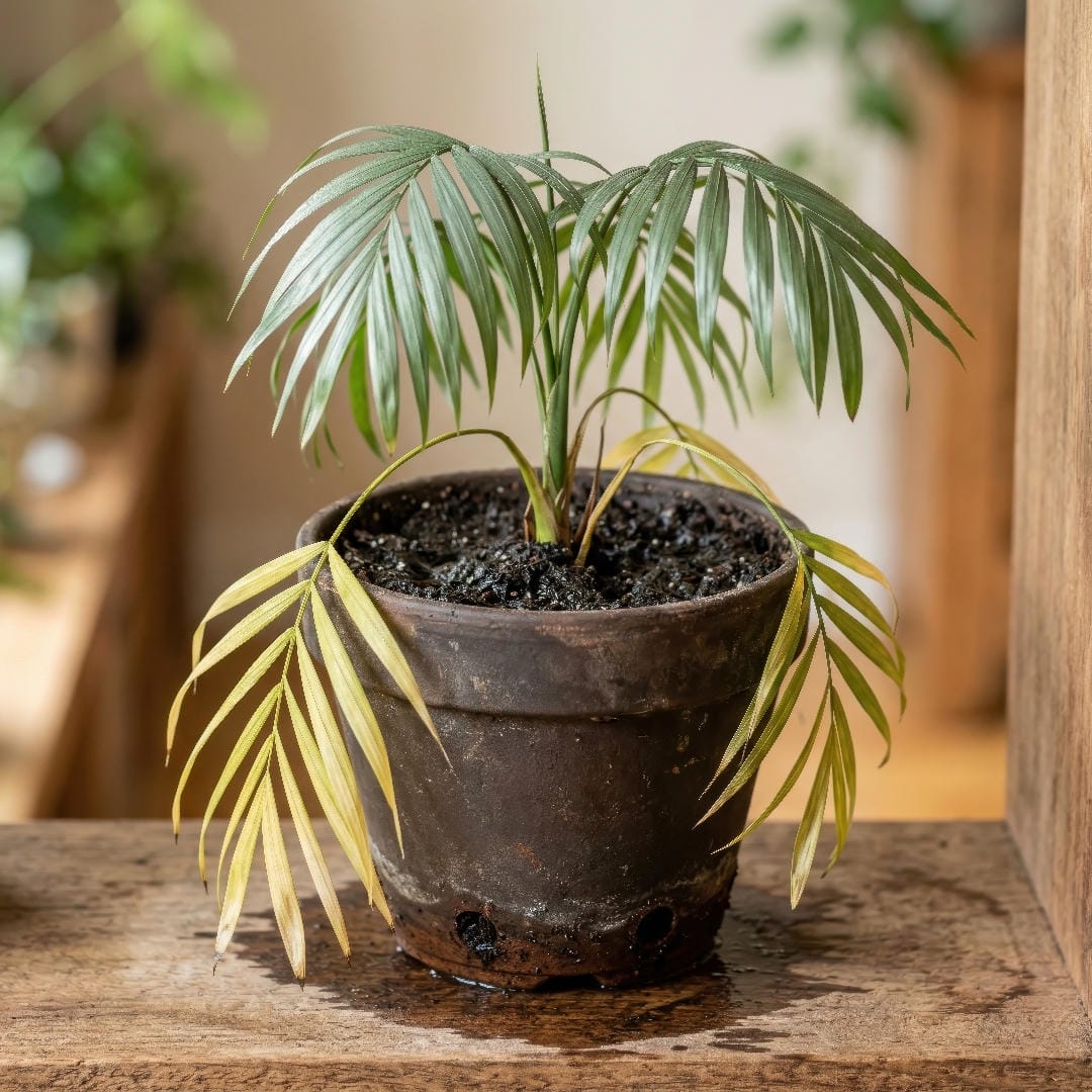 A Metallic Palm with yellowing lower fronds and a dark, soggy potting mix that signals overwatering.