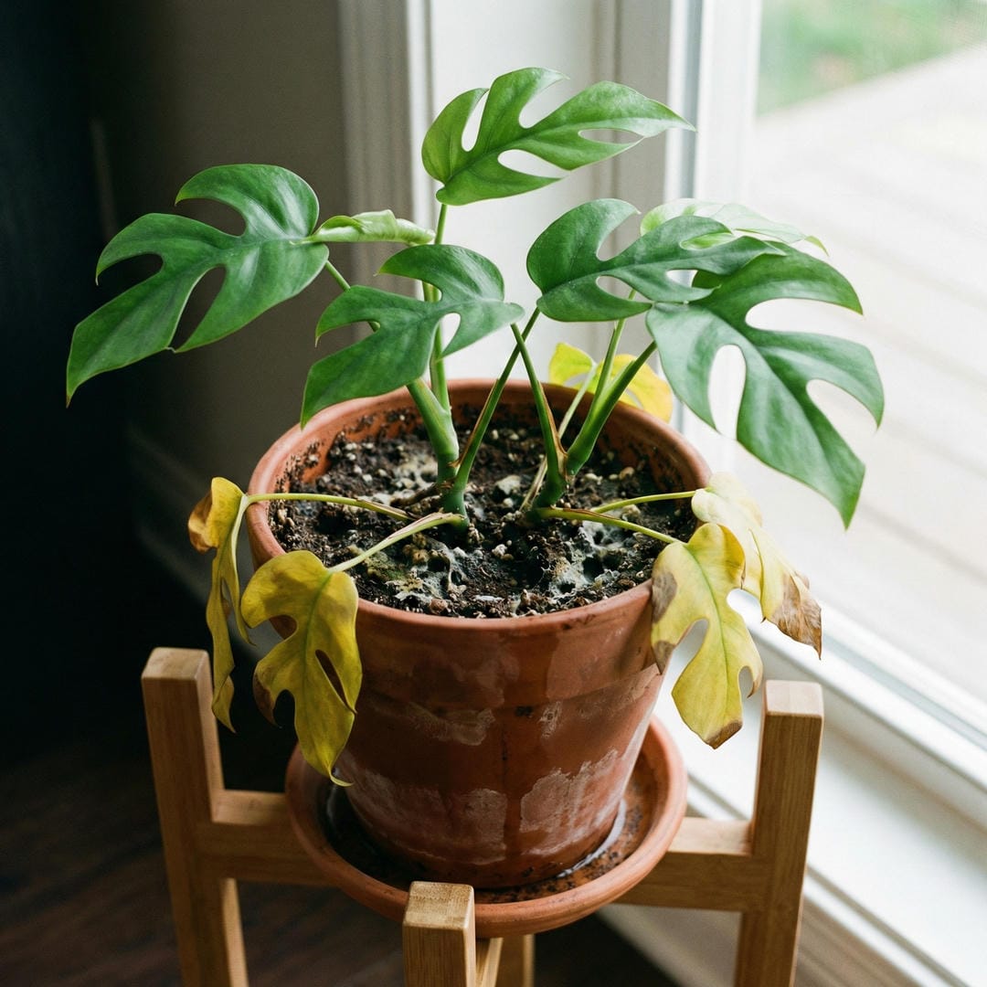 Mini Monstera with yellowing leaves from overwatering