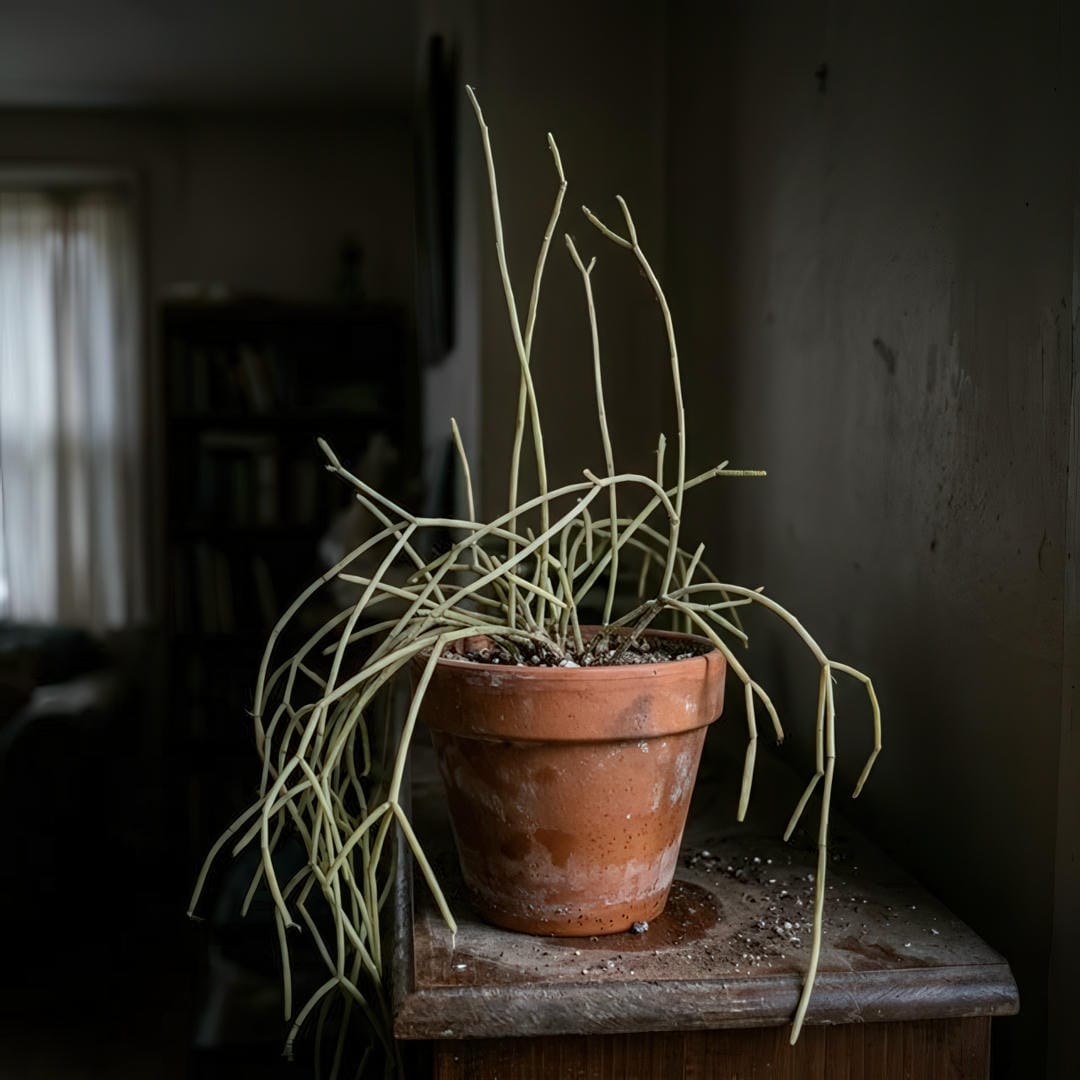 A Mistletoe Cactus showing pale stretched thin stems from growing in low light conditions with sparse branching