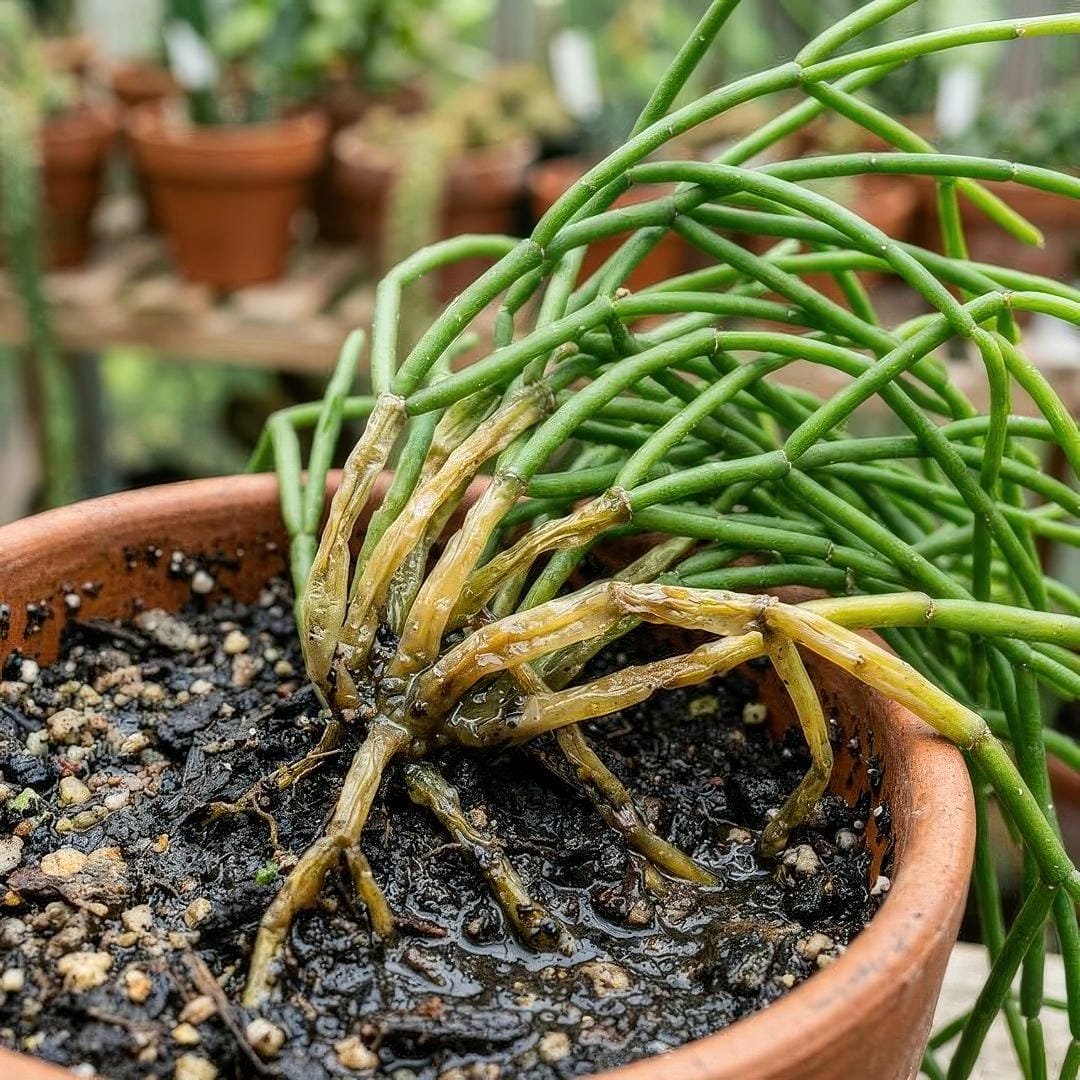 Close-up of a Mistletoe Cactus stem showing yellowing and mushy soft segments near the base caused by overwatering and early root rot