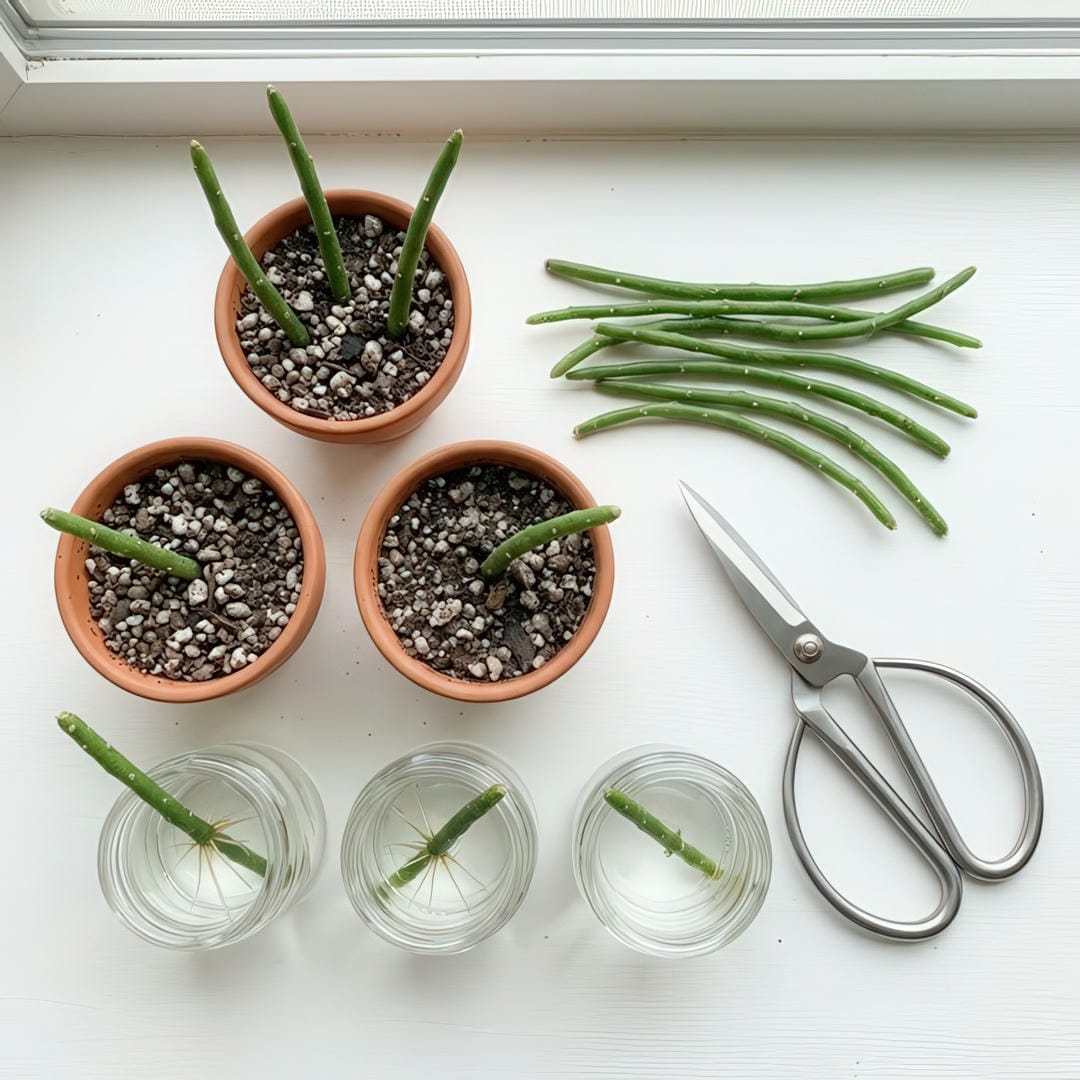 Several Mistletoe Cactus stem cuttings at various stages of rooting, some in small pots of soil and some in jars of water with tiny white roots visible