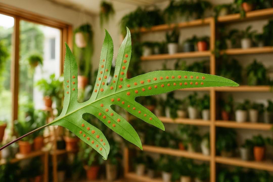 Close-up of the underside of a Monarch Fern frond showing the characteristic brown sori, or spores