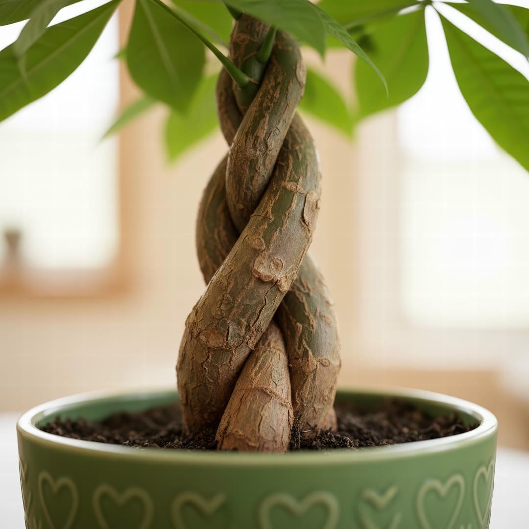 A close-up of the iconic braided trunk of a Pachira aquatica.