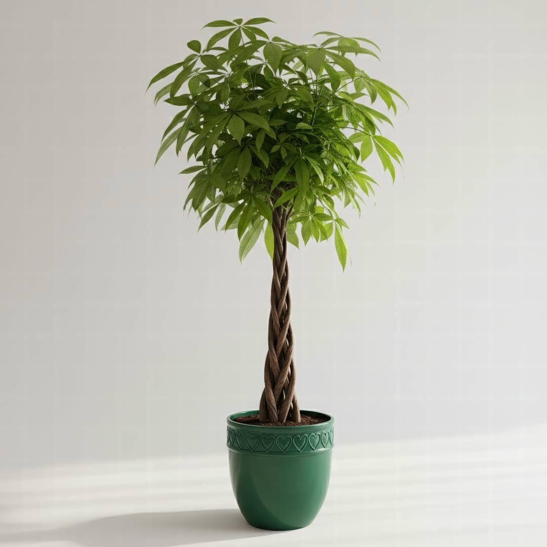 A vibrant and healthy Money Tree with glossy green leaves.