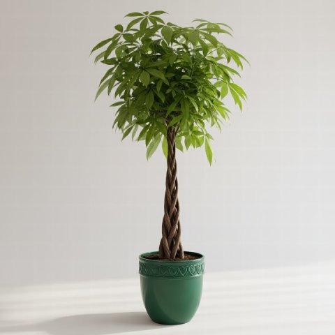 A vibrant and healthy Money Tree with glossy green leaves.