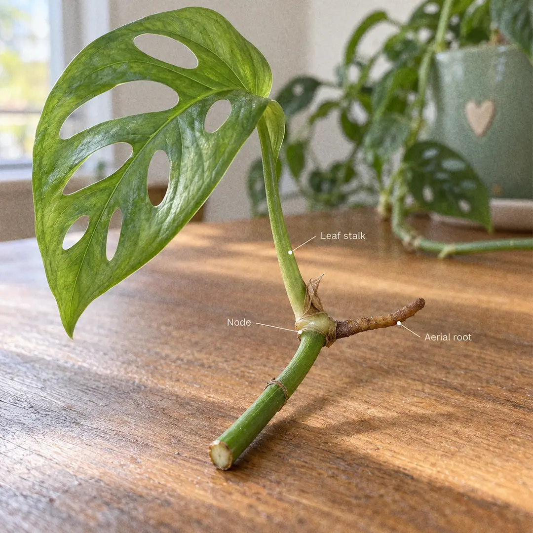 Two Monstera adansonii cuttings side by side in small clear glass jars of water: on the left a correct cutting with a short piece of vine, a visible node and white roots growing from it, on the right a single leaf cut at its stalk with a few roots but no vine or node, on a wooden windowsill with a green ceramic pot with a heart motif nearby