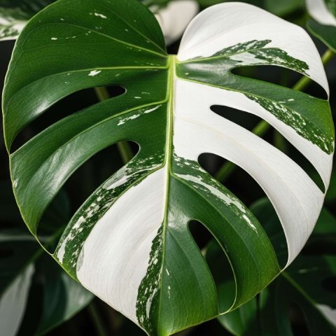 A striking Monstera 'Albo Variegata' leaf with a large, crisp block of pure white variegation against a deep green background.