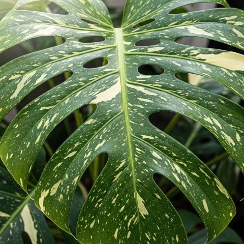 A detailed close-up of a Monstera 'Thai Constellation' leaf, showing its characteristic creamy, star-like speckles on a deep green surface.