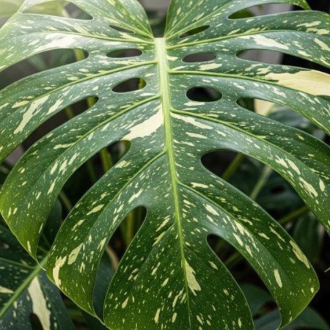 A detailed close-up of a Monstera 'Thai Constellation' leaf, showing its characteristic creamy, star-like speckles on a deep green surface.