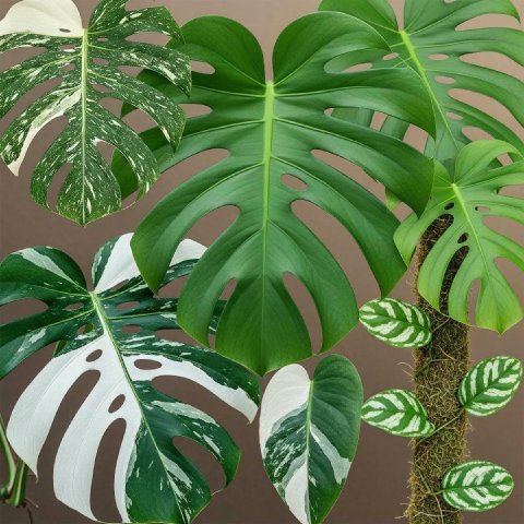 A vibrant collage of various Monstera leaves, including deliciosa, 'Thai Constellation', 'Albo', and adansonii, showcasing the genus's diversity.