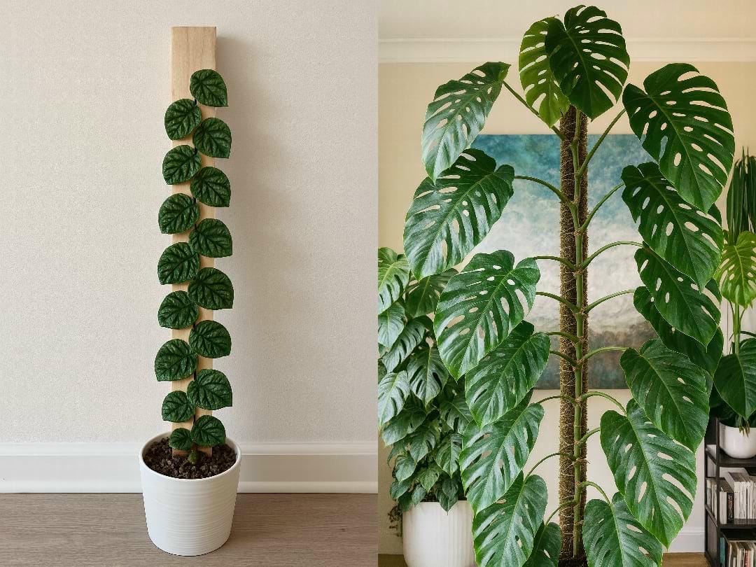 A split-screen image showing the juvenile Monstera dubia with small, shingling leaves on the left, and the mature form with large, fenestrated leaves on the right.