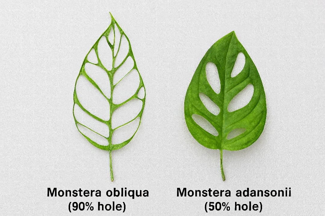 A side-by-side comparison showing the leaves of a Monstera obliqua and a Monstera adansonii, highlighting the differences in fenestration and texture.