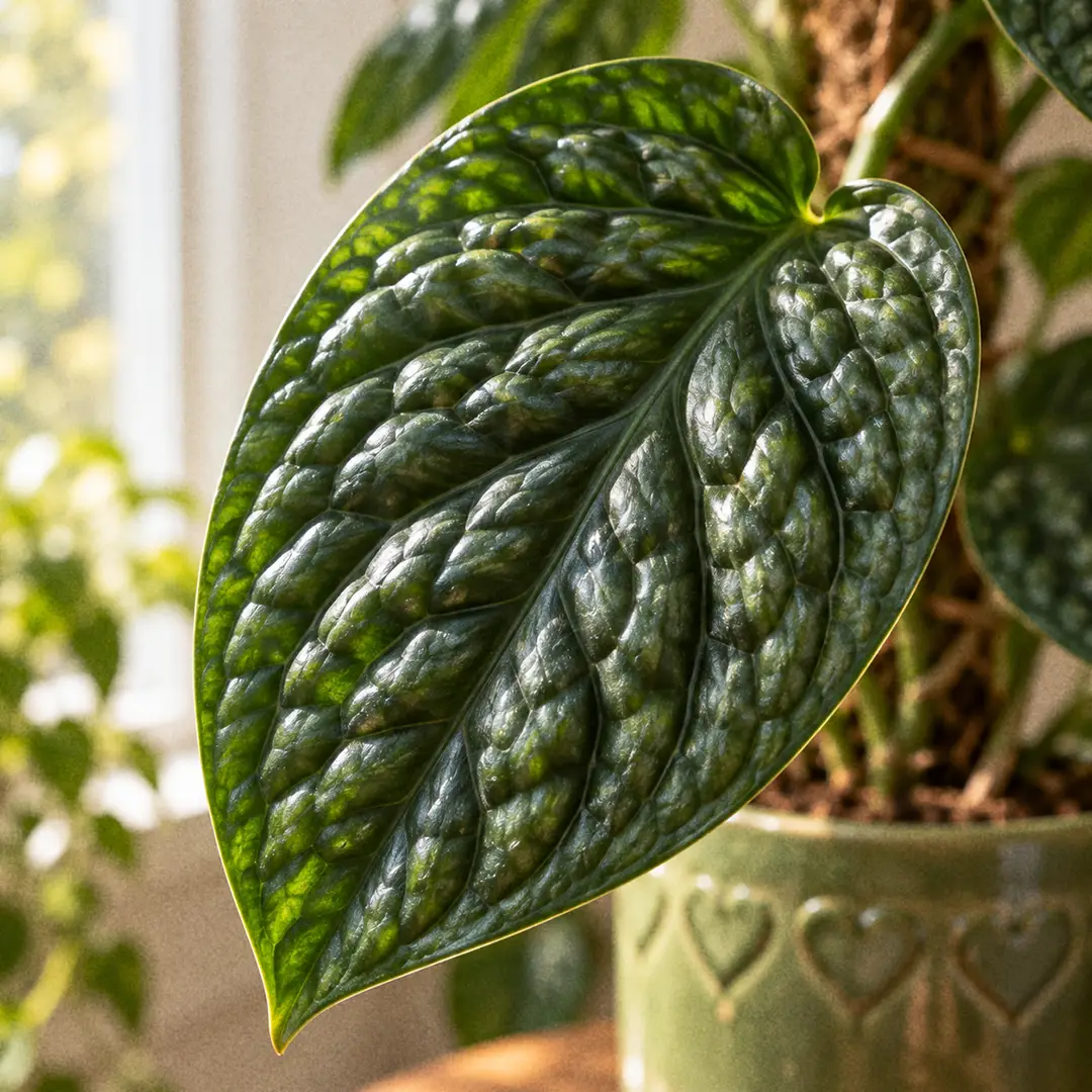 A close-up macro of a single Monstera Peru leaf showing deep quilted ridges, a glossy dark green surface, and darker sunken veins, with soft window light raking across the textured surface