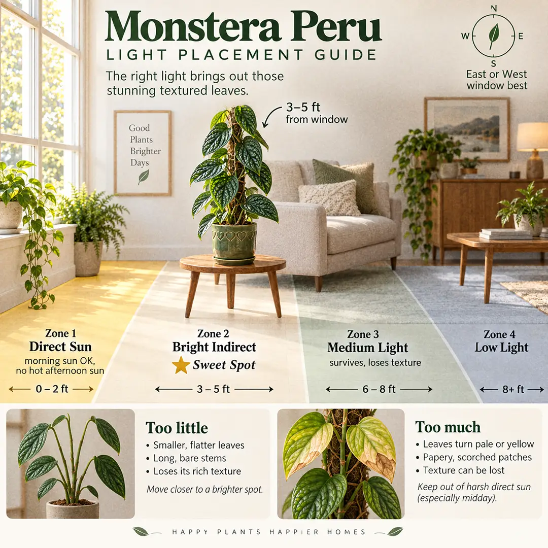 A labeled light guide diagram showing where to place a Monstera Peru indoors, with direct sun, bright indirect, medium and low light zones marked across a living room and the sweet spot 3-5 feet from an east window marked with a star