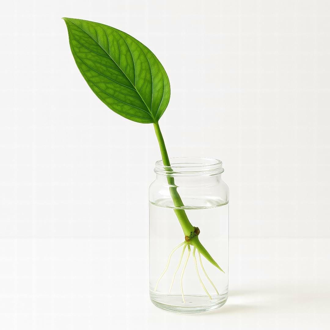 A stem cutting of a Monstera pinnatipartita with one leaf and visible roots developing in a clear glass of water.