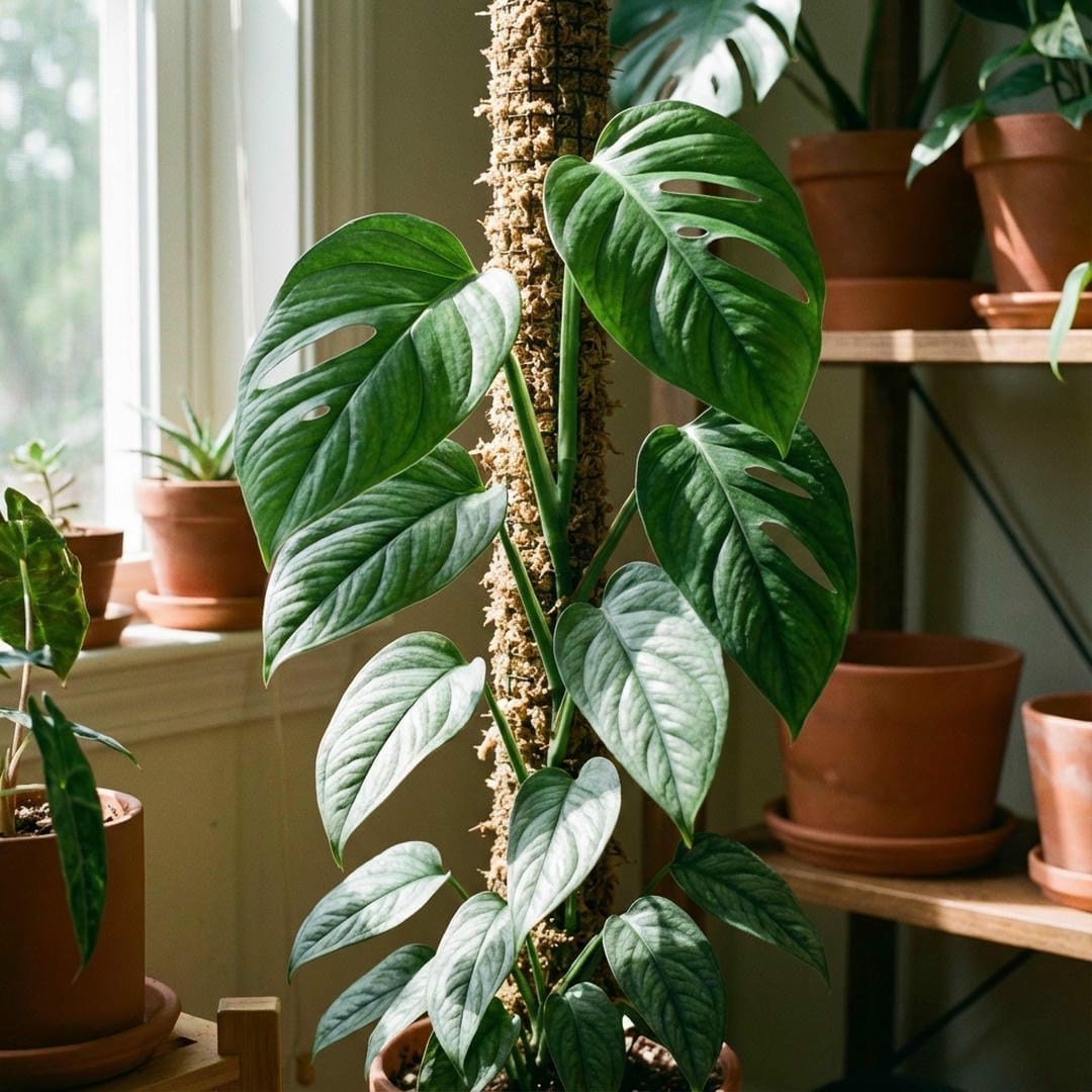 Monstera siltepecana climbing a moss pole in bright light
