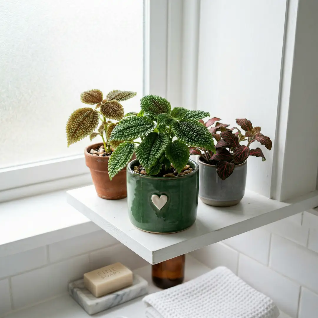 Moon Valley Pilea styled on a bathroom shelf with other humidity-loving plants