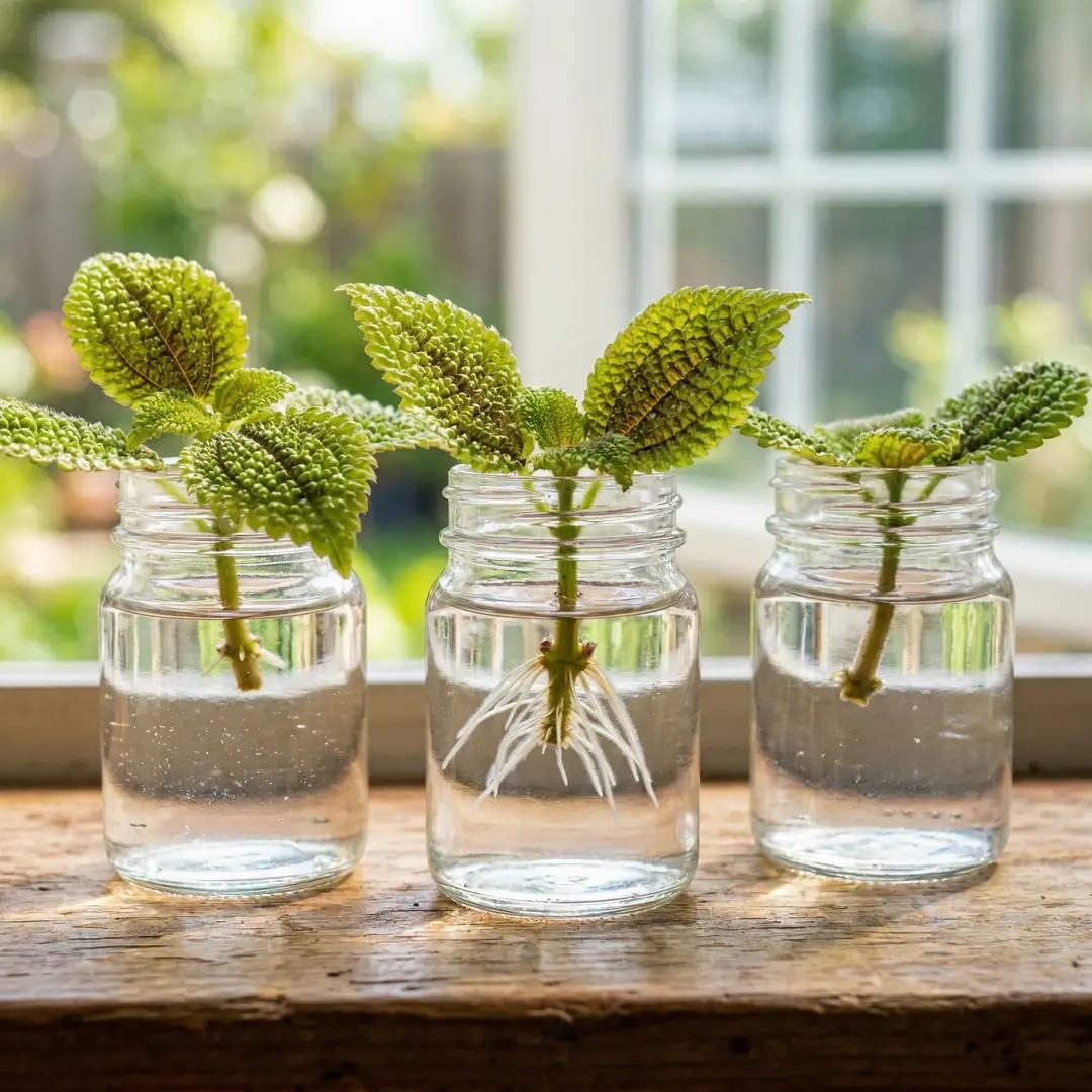 Moon Valley Pilea stem cuttings rooting in water