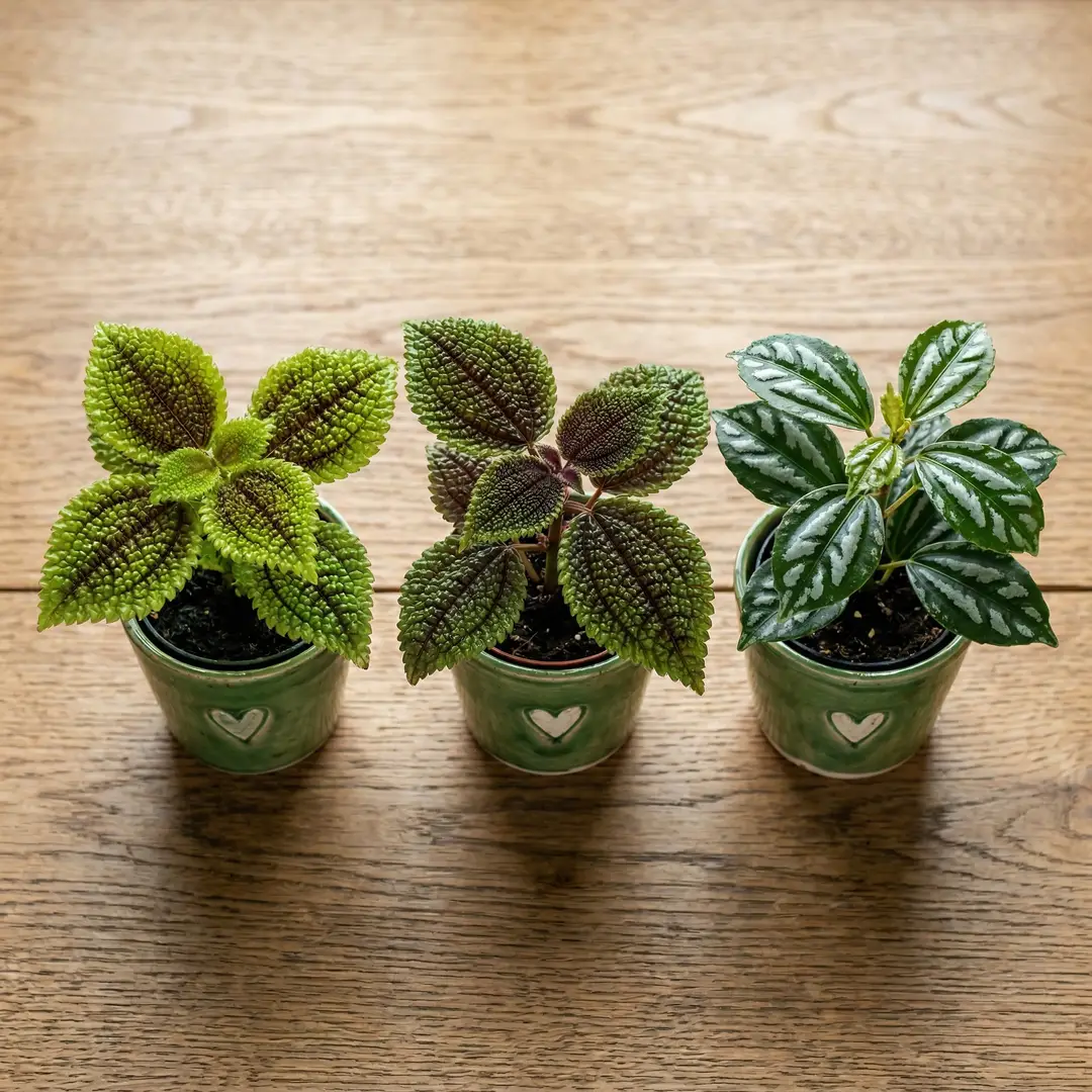 Moon Valley Pilea alongside related Pilea varieties including Friendship Plant and Aluminum Plant