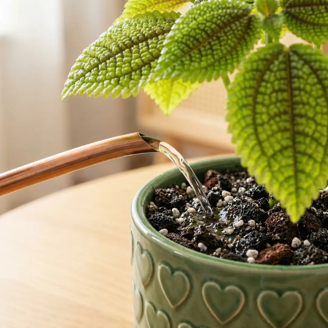 Watering Moon Valley Pilea at the base to avoid wetting the leaves