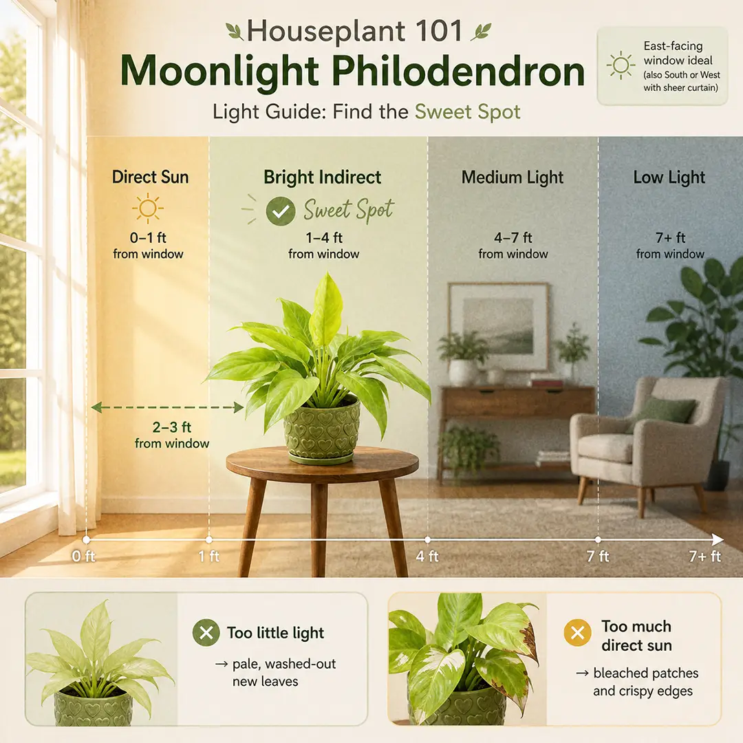 A labeled light-zone diagram showing a Moonlight Philodendron placed in the bright indirect zone two to three feet from an east-facing window in a warm modern living room