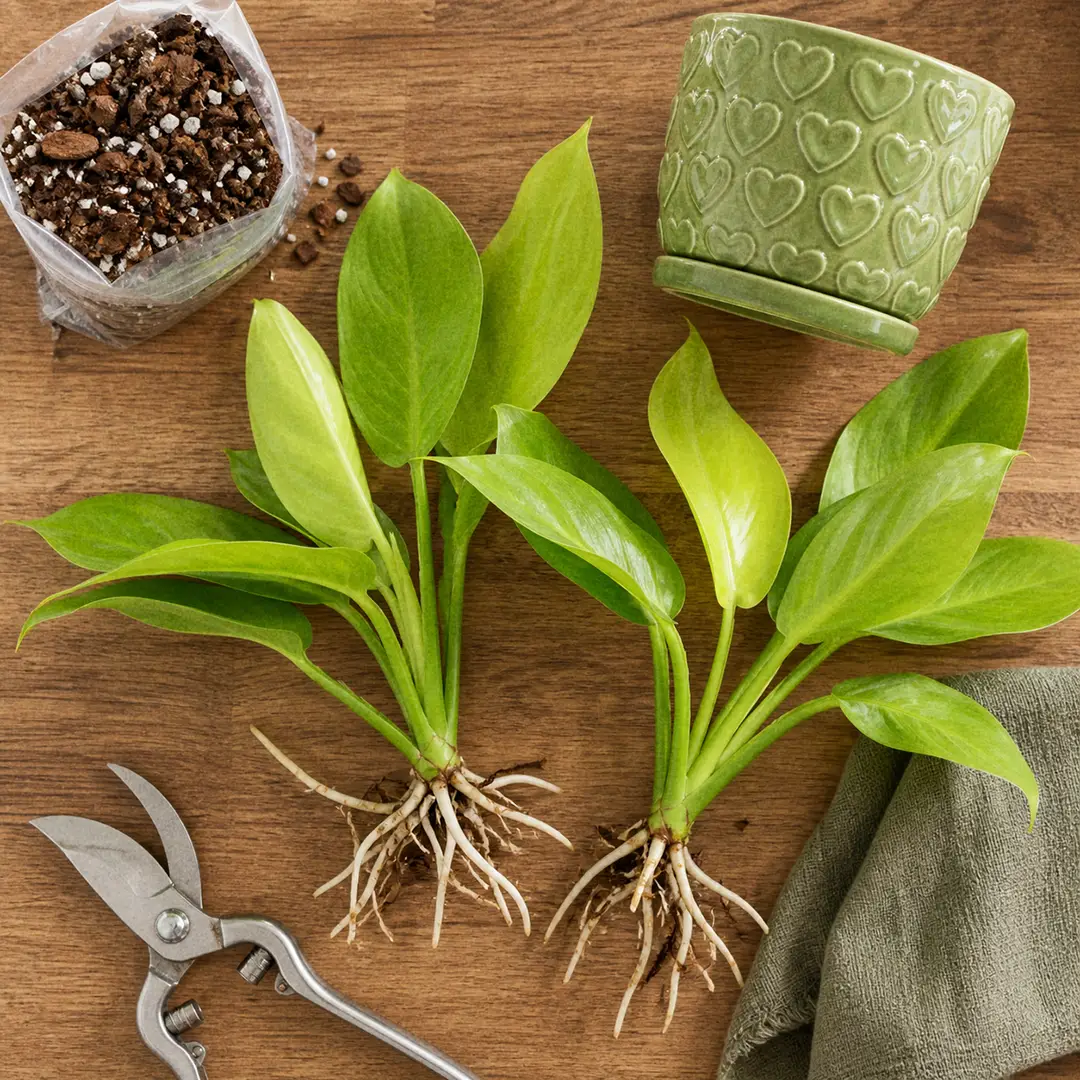 Top-down view of a divided Moonlight Philodendron showing two healthy crowns with white roots laid on a wooden surface beside a green ceramic pot with a heart motif and a small bag of fresh aroid mix