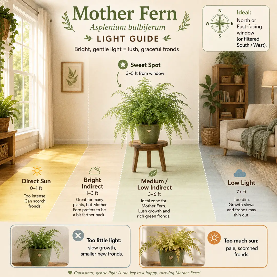 A clean infographic-style light guide showing a side-on cross-section of a living room with a window on the left, labeled light zones from Direct Sun through Bright Indirect to Low Light, with a Mother Fern in a green ceramic pot with a heart motif placed in the Sweet Spot zone about 3-5 feet from the window