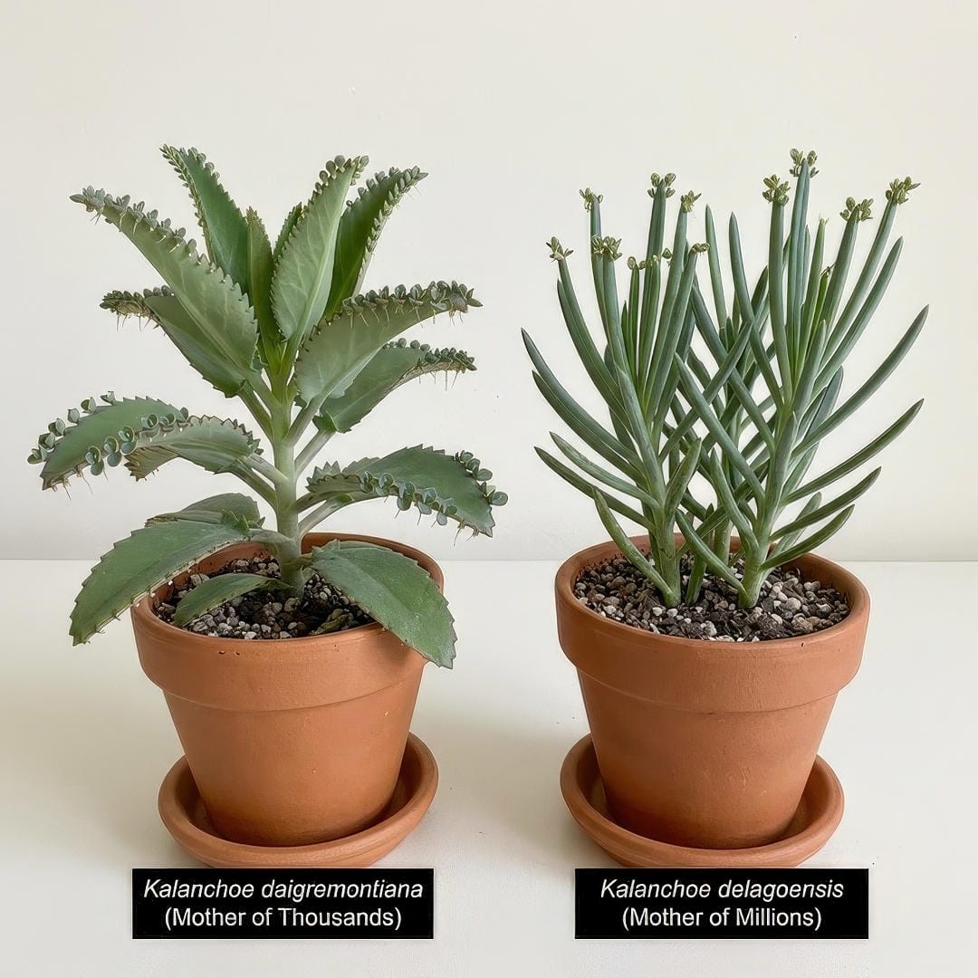 Side-by-side comparison of Mother of Thousands (Kalanchoe daigremontiana) with wide lance-shaped leaves bearing plantlets along the edges on the left and Mother of Millions (Kalanchoe delagoensis) with narrow cylindrical tube-like leaves bearing plantlets only at the tips on the right showing the clear difference in leaf shape and plantlet placement