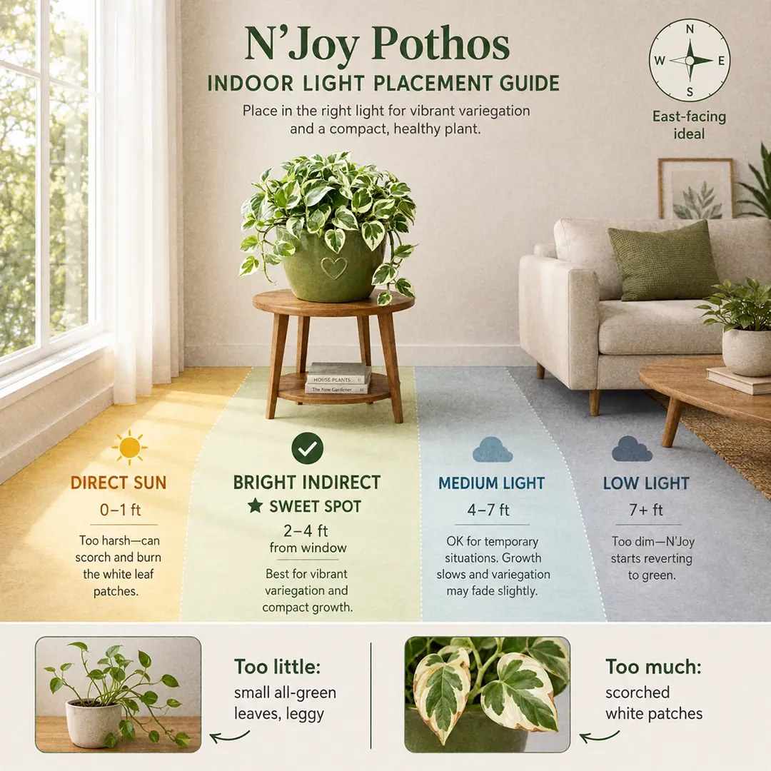 A clean infographic-style light guide diagram showing where to place an N'Joy Pothos near a bright window, with labeled light zones and the plant marked in its bright-indirect sweet spot in a green ceramic pot with a heart motif