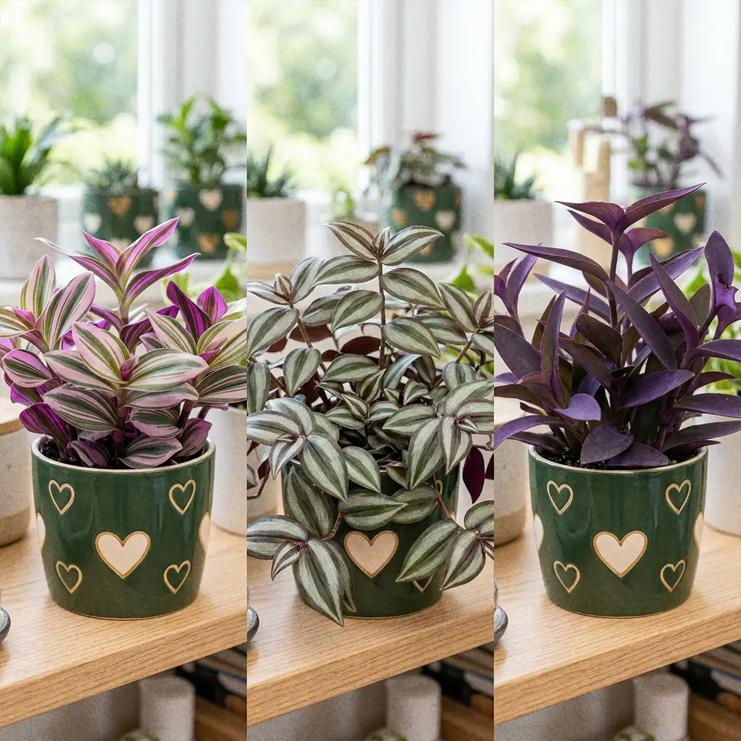 Side-by-side comparison of Nanouk, Wandering Dude, and Purple Heart showing Nanouk's chunkier pink-striped leaves and more compact habit.