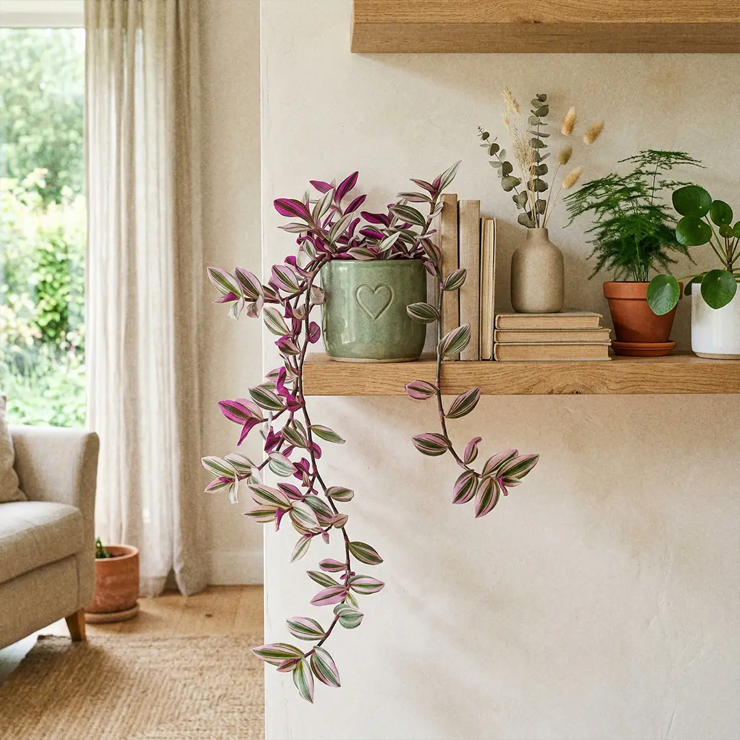 A full Nanouk trailing from a shelf in a green pot with a heart motif, styled with warm wood and simple green companion plants in a bright room.