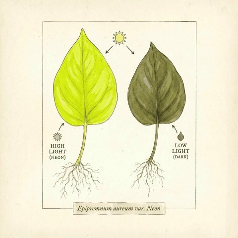 Comparison of a Neon Pothos in bright light (yellow) vs low light (green)