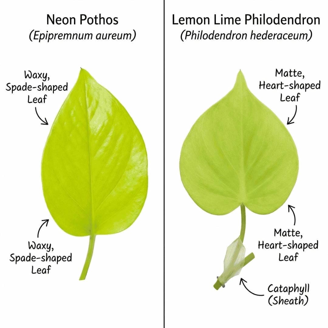 Side by side comparison of a Neon Pothos leaf (waxy) versus a Lemon Lime Philodendron leaf (matte)
