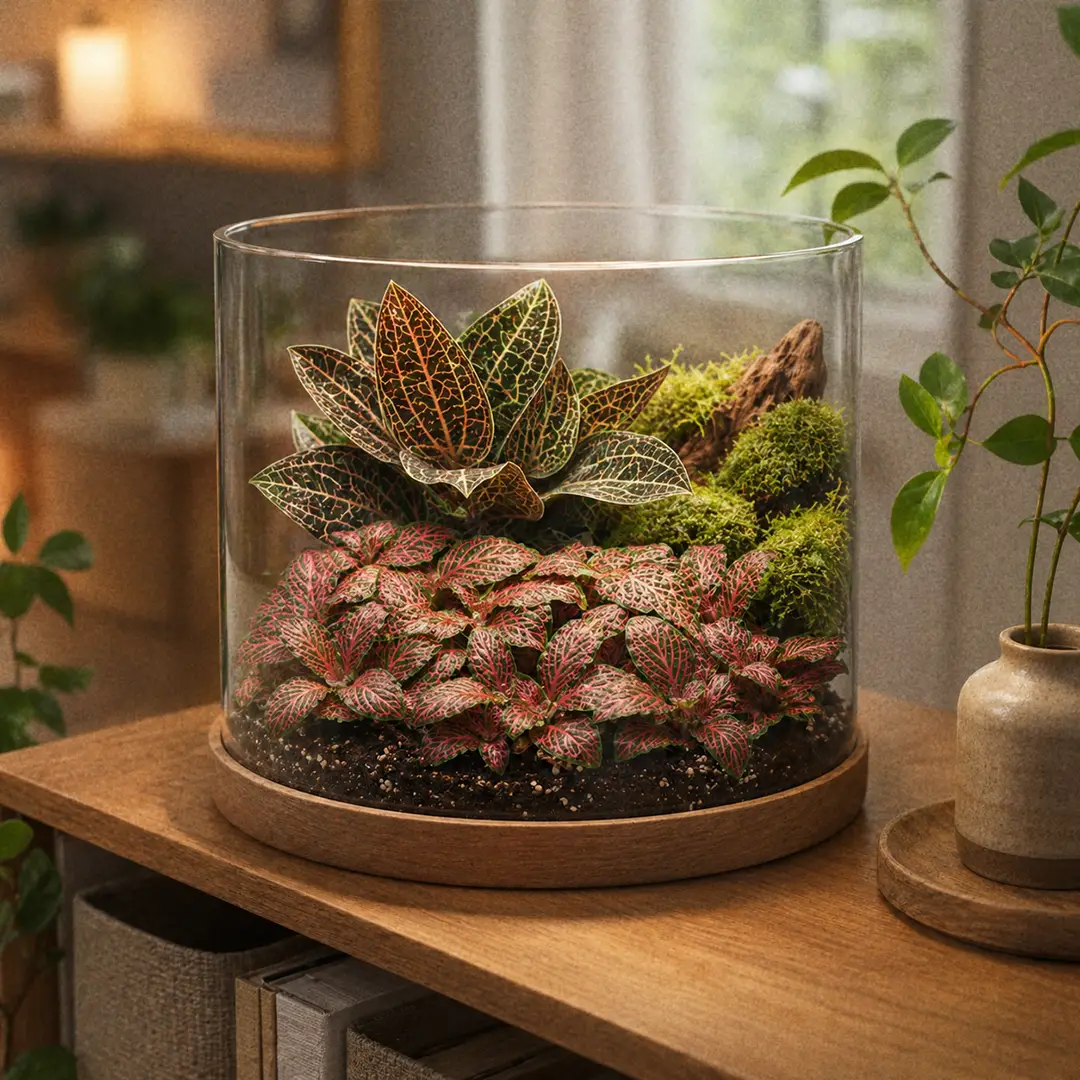 A styled home terrarium display with a Nerve Plant carpeting the foreground in front of a jewel orchid and cushion moss, the glass container with a wooden base on a shelf in diffused light from a north-facing window