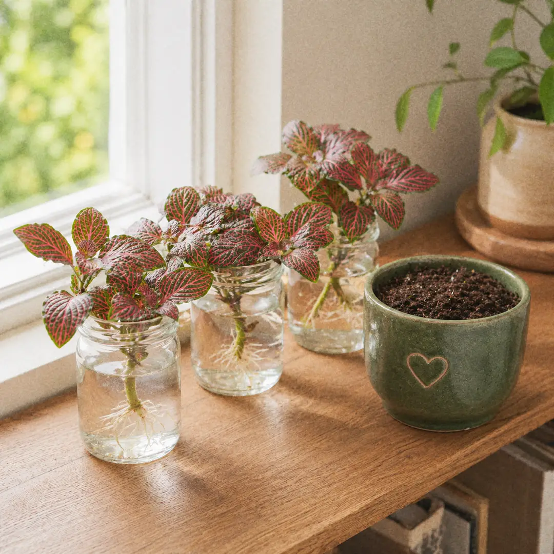 Several short Nerve Plant stem cuttings with red-veined leaves in small glass jars of water on a bright windowsill, visible pale roots emerging from the submerged stems, alongside an empty green ceramic pot with a heart motif filled with fresh potting mix