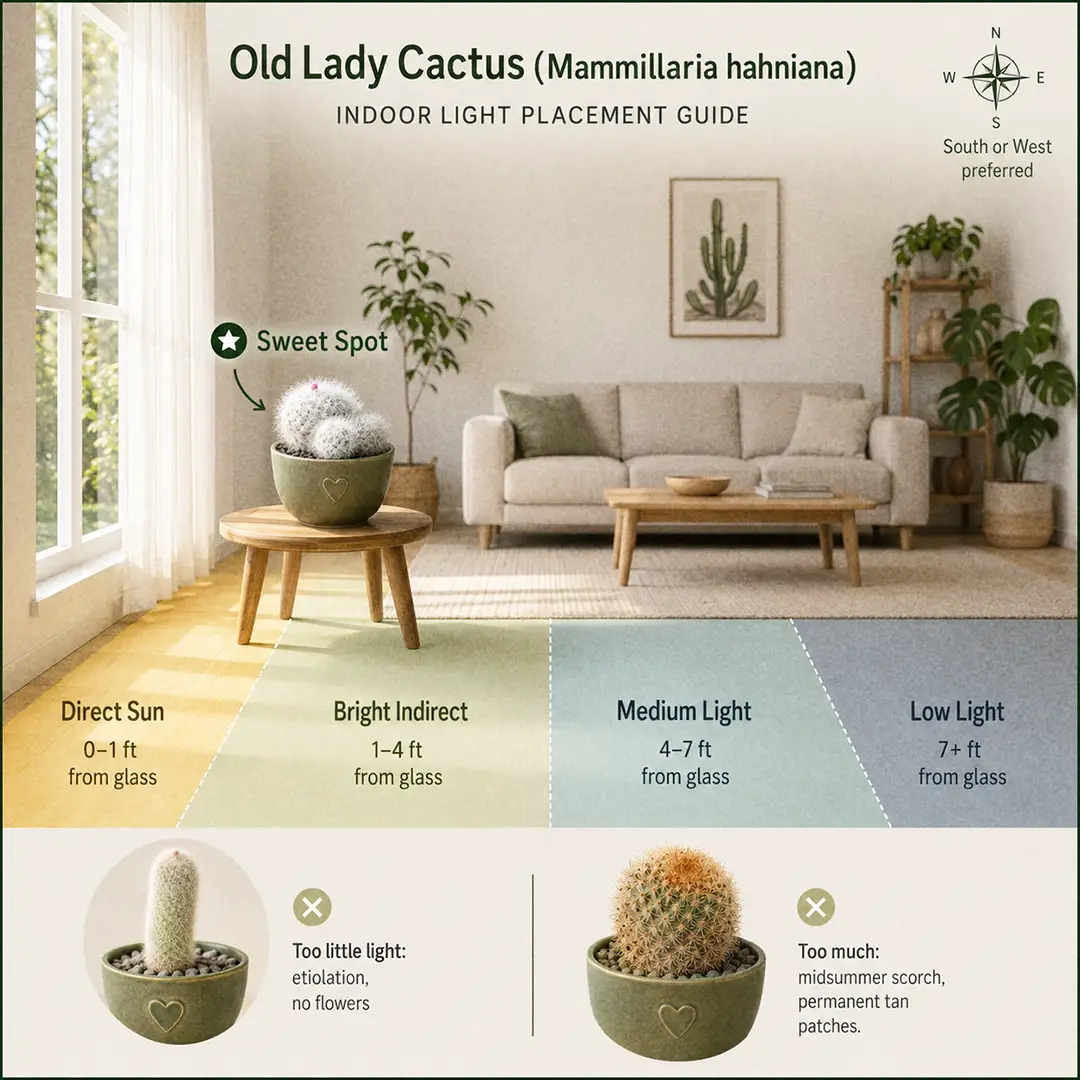 A labeled square light-zone diagram showing an Old Lady Cactus placed in the sweet spot one foot from a south-facing window, with sweet-spot, too-dark, and too-bright zones color-washed, a small compass marking south, and tiny icons warning about etiolation in low light and copper flushing in midsummer sun