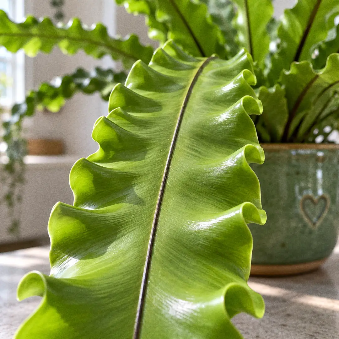 A macro close-up of a single glossy apple-green Osaka Bird's Nest Fern frond showing the strongly ruffled, ribbon-like edge, the dark central midrib and the smooth soft leaf surface, with the rest of the rosette blurred behind