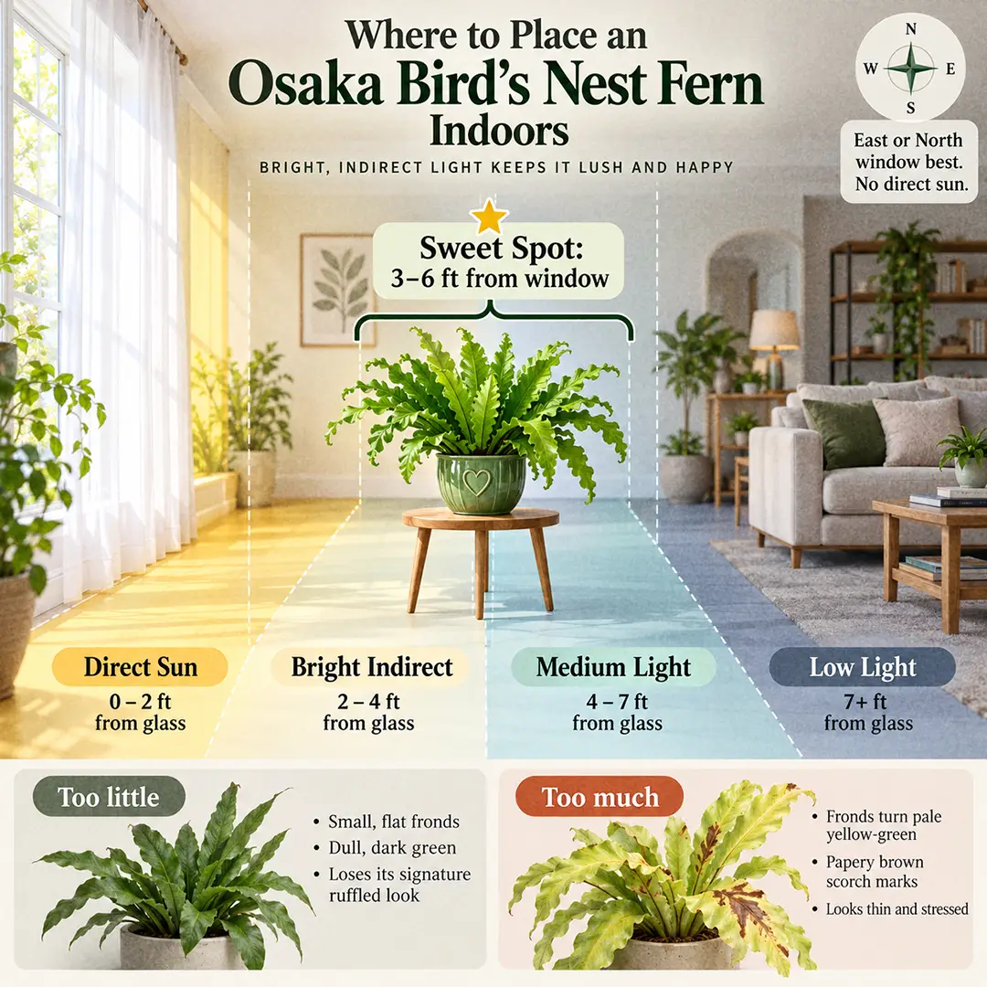 A labeled light guide diagram showing where to place an Osaka Bird's Nest Fern indoors relative to an east or north-facing window, with direct sun, bright indirect, medium and low light zones marked and the sweet spot highlighted three to six feet back from the glass