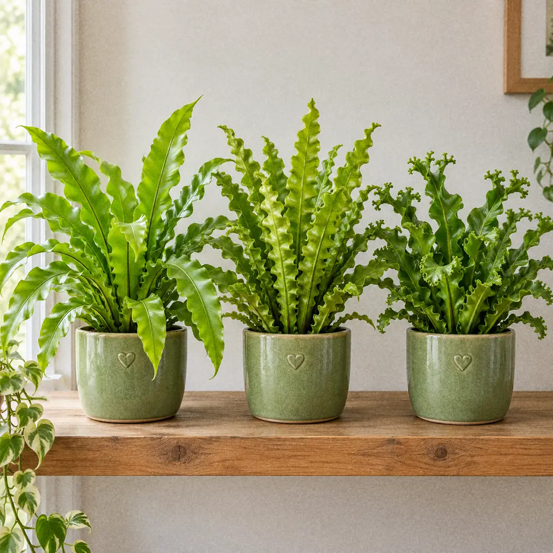 Three bird's nest fern varieties side by side on a wooden shelf in matching green ceramic pots with heart motifs, showing the soft arching ruffled-edged Osaka, the stiff upright deeply corrugated Crispy Wave, and the Leslie with forked crested frond tips