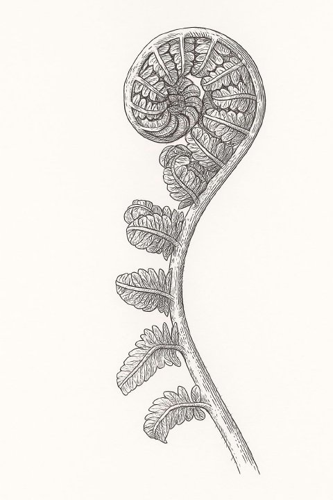 A detailed botanical illustration of a single Ostrich Fern fiddlehead.