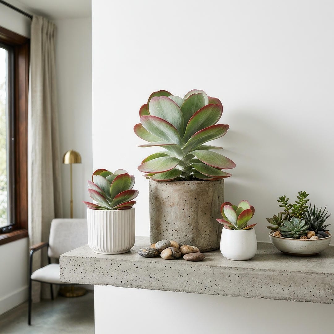 Three Paddle Plants of varying sizes displayed together on a modern concrete shelf against a white wall with the largest plant in a cylindrical concrete pot flanked by two smaller ones in white ceramic pots showing the architectural rosette forms with red-edged leaves