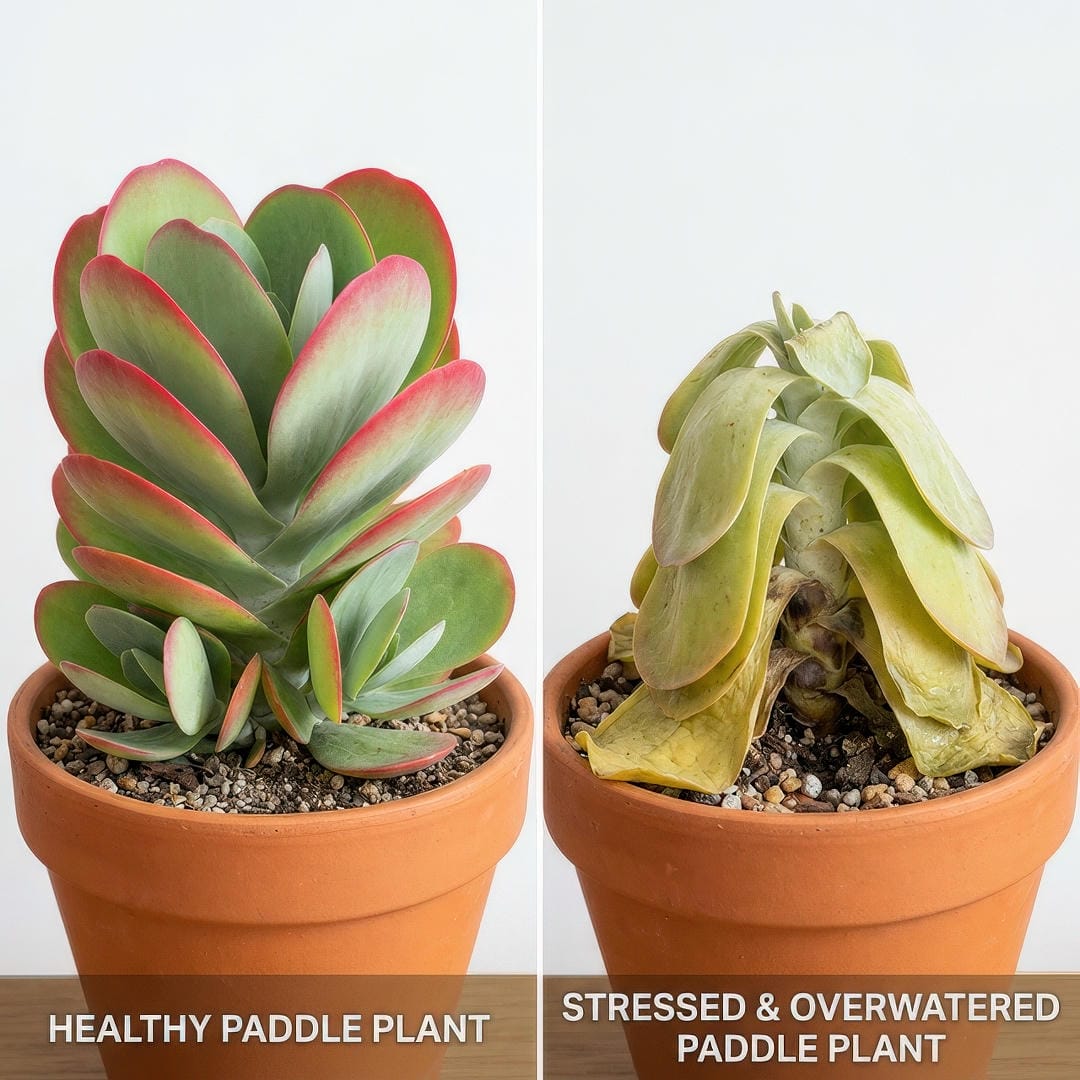 Split comparison image showing a healthy Paddle Plant with firm thick grey-green leaves edged in bright red in a symmetrical rosette on the left and a stressed Paddle Plant with yellowing mushy lower leaves a softening stem base and floppy pale leaves losing their red coloring on the right