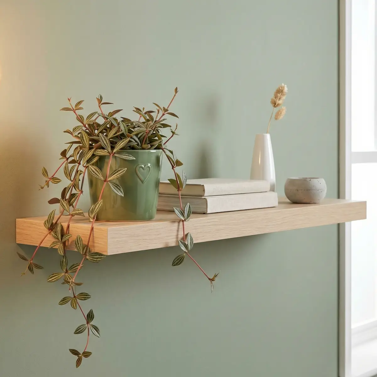 Parallel Peperomia trailing from a shelf in a styled living room setting, showing silver-striped leaves cascading over the edge of a green heart-motif pot.
