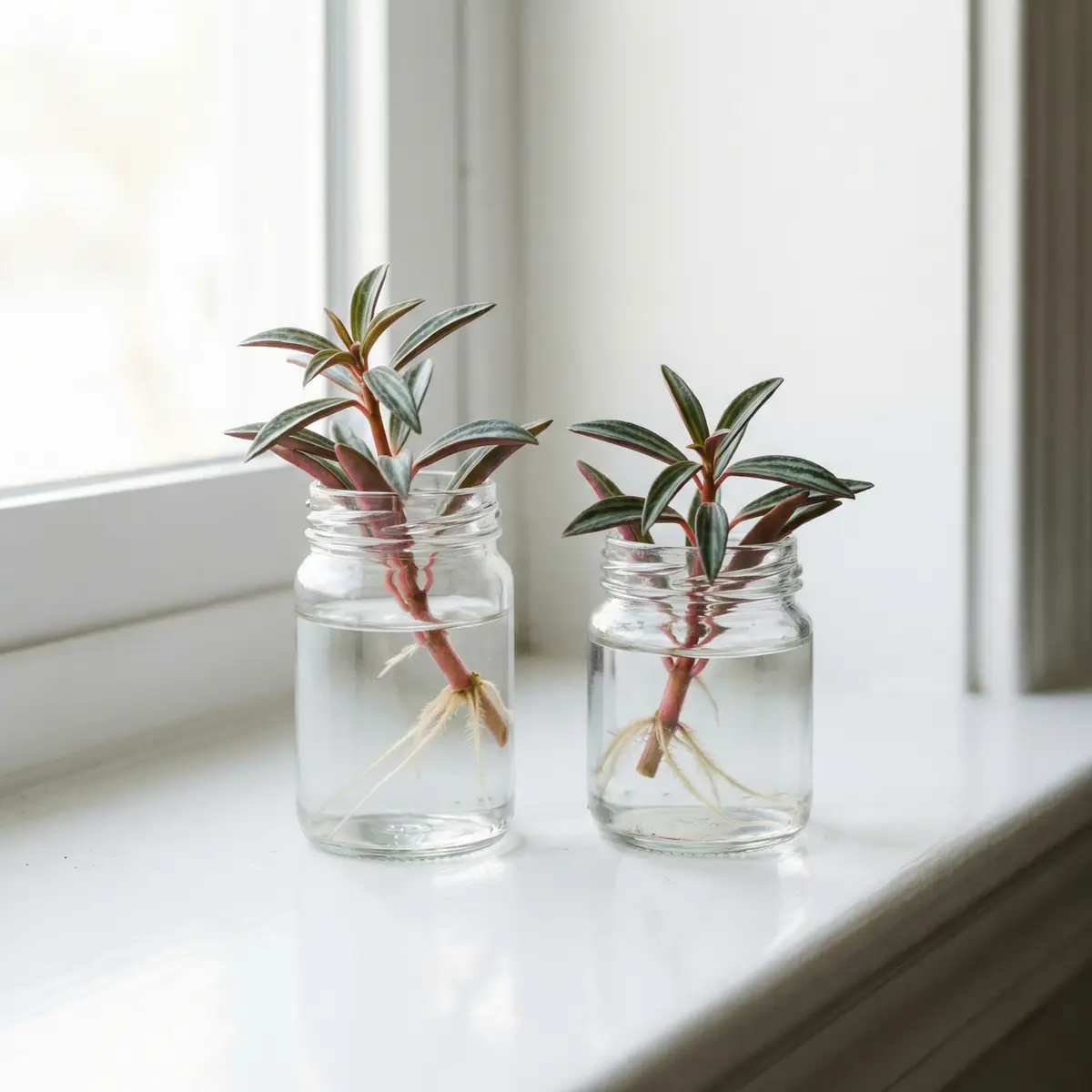 Parallel Peperomia stem cuttings in small glass jars of water, beginning to develop white roots near a bright window.