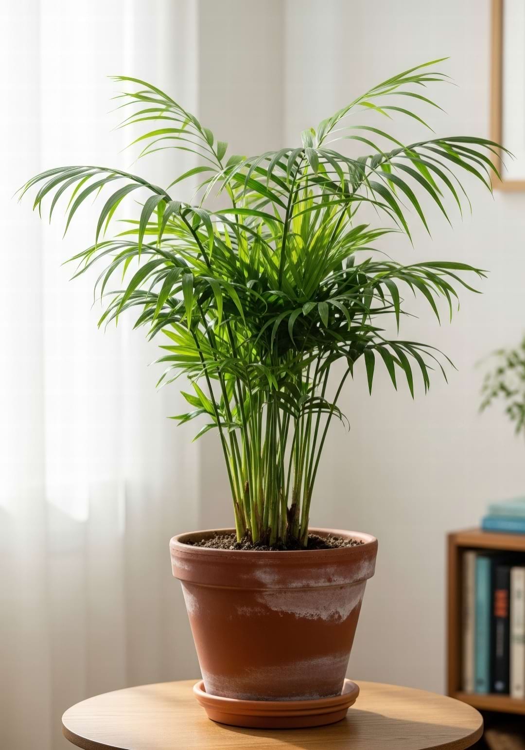 A healthy Parlor Palm in a terracotta pot on a wooden table, enjoying bright, indirect light.