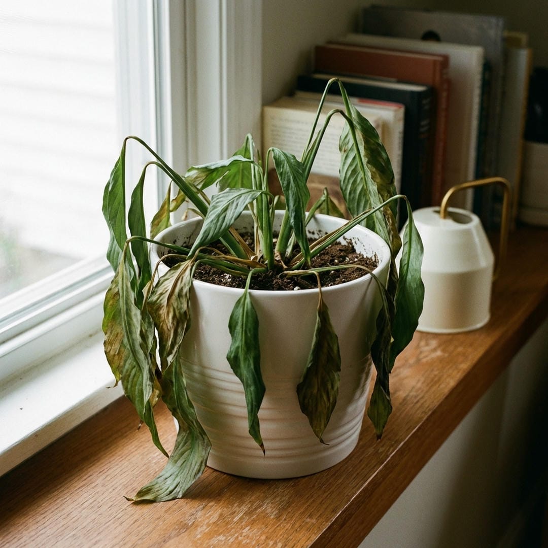 A wilted Peace Lily drooping dramatically due to lack of water